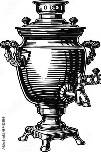 Vintage samovar illustration with ornate handles and spigot for traditional tea brewing