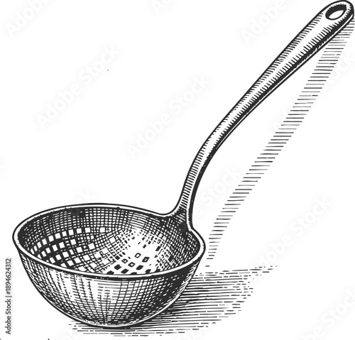 Vintage hand drawn sieve ladle with perforated bowl and long handle kitchen utensil illustration