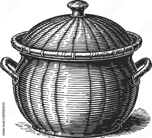 Vintage ceramic cooking pot with lid and handles engraved black and white illustration