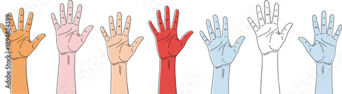 Raised hands illustration, colorful diversity, unity symbol, inclusion design, social participation, equality concept, vibrant vector, community support, human rights