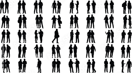 Silhouettes of people on benches, seated posture icons, public sitting, black vector design, relaxed pose, social interaction, minimal style