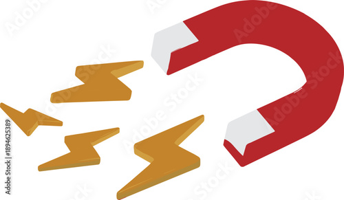 Red horseshoe magnet with yellow lightning bolts, 3D vector illustration of magnetic energy, electric power, attraction force, science, technology concept