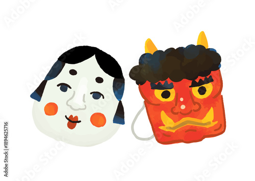 かわいい節分の手描きの鬼のお面とおかめのお面イラスト