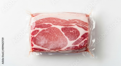 A vacuum-sealed package of raw red meat on a plain white surface viewed from directly above