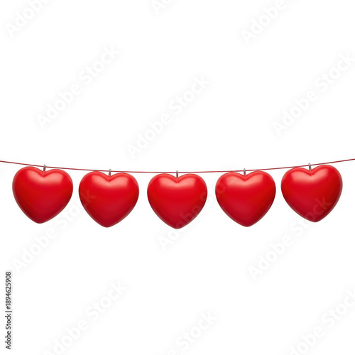 Red hearts hanging decoration isolated on transparent background