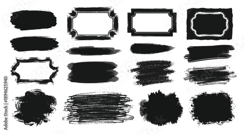 Variety of black brush stroke shapes and frames including a silhouette ideal for design projects on transparent background high quality professional