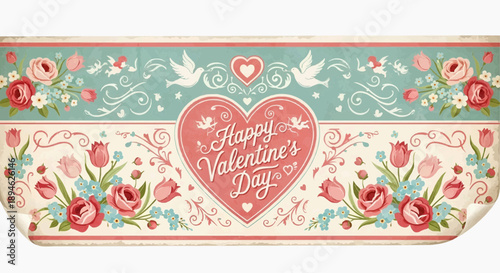 Charming Valentine's Day illustration featuring a heart adorned with flowers and birds, perfect for celebratory designs