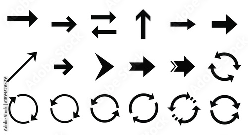 A collection of black arrow and circular icons in varying styles ideal for design projects on transparent background silhouette high quality