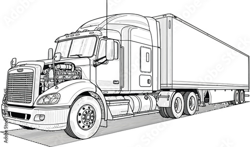 Detailed black and white line art of a semitruck with an open hood revealing its powerful engine.
