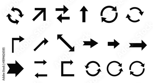 A collection of black arrow and loop icons in various directions ideal for design projects on transparent background silhouette high quality