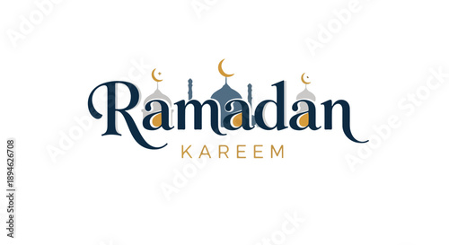 Ramadan Kareem greeting with crescent moons and mosque silhouette