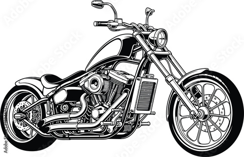 Detailed black and white vector illustration of a classic custom chopper motorcycle.
