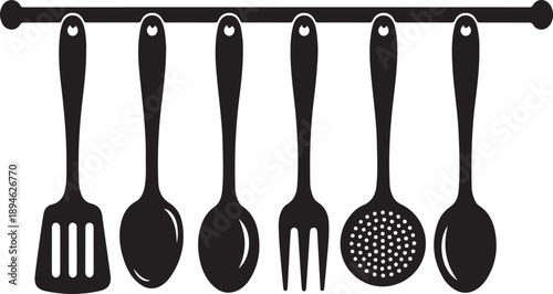 Vector silhouette of kitchen utensils hanging on a rack