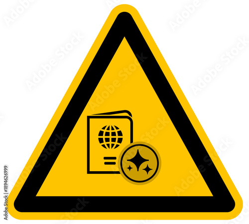 Concepto de seguridad y pasaporte con inteligencia artificial vector icono de advertencia amarillo documento de identidad y símbolo de IA tecnología de reconocimiento y viaje