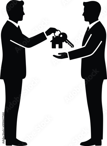 Minimal vector silhouette, real estate agent handing over keys to a client, solid black, isolated on white.