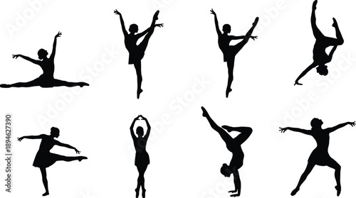 Ballet dancer silhouettes set, graceful dance poses collection, contemporary artistic movement figures, black icons isolated white background illustration
