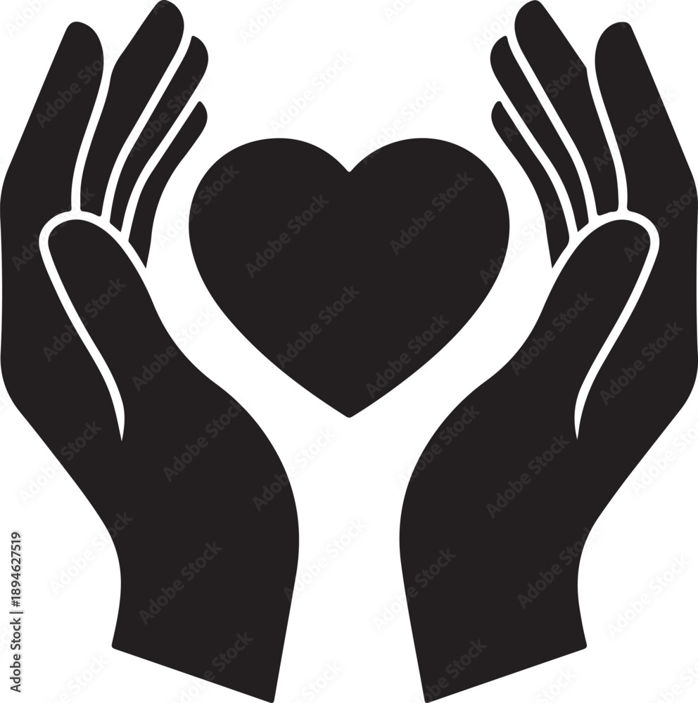 Obraz premium Vector silhouette of hands holding a heart shape in black and white