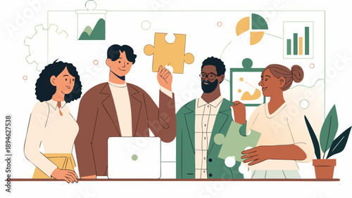 Diverse business team collaborating and solving problems creatively together in office setting with puzzle pieces and graphs