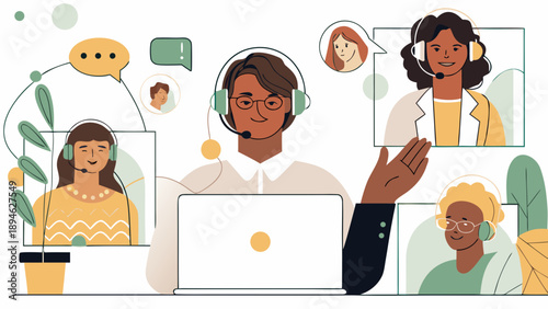 Customer support agent helping users through chat on computer with headset