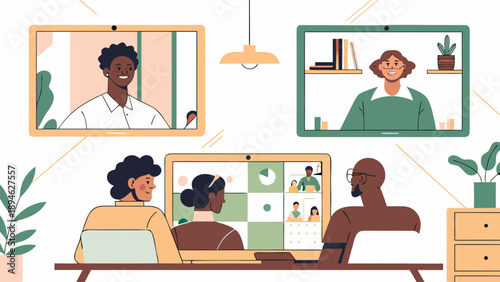 Diverse business professionals in a virtual video conference meeting remotely with laptops and screens