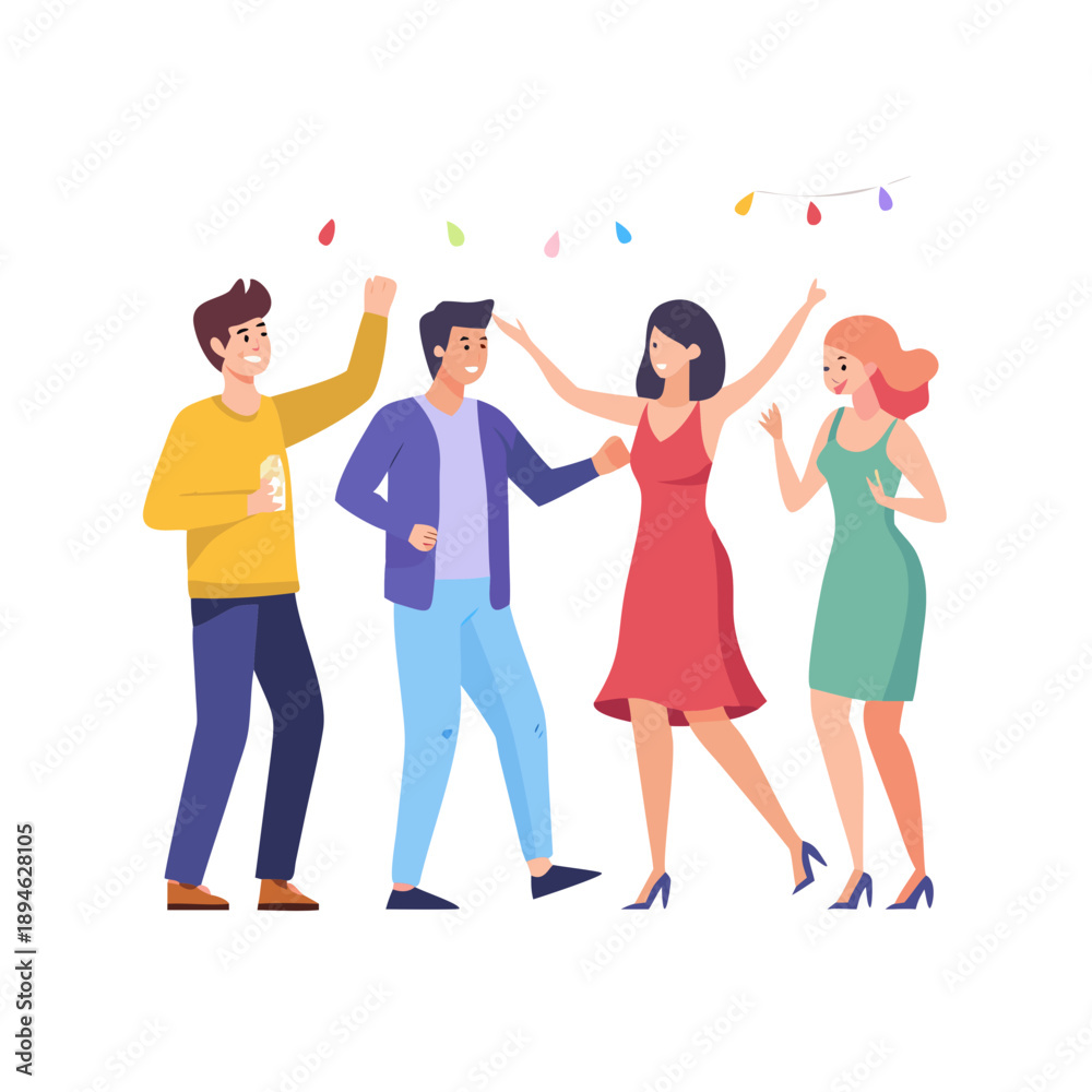 Fototapeta premium Happy people crowd at holiday party. Friends dancing, having fun together. Young men and women characters group, youth celebrating event with joy. Nightlife concept. Colored flat vector illustration 