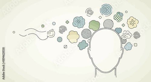 Simple line drawing of a person's head with colorful abstract shapes and clouds emerging from it symbolizing creativity