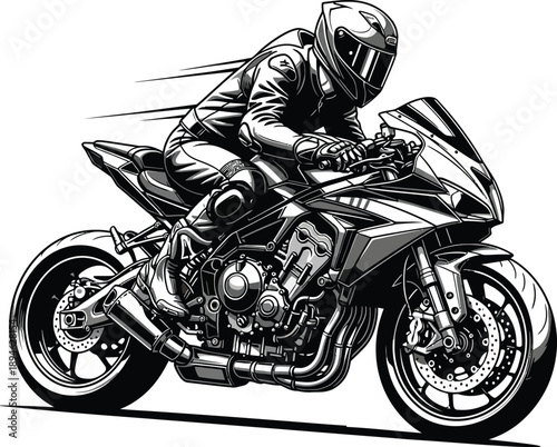 Dynamic black and white vector illustration of a motorcyclist in full gear racing a modern sportbike.