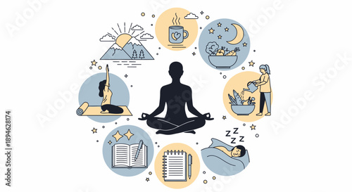 Person meditating surrounded by daily routines and relaxation activities in a circle