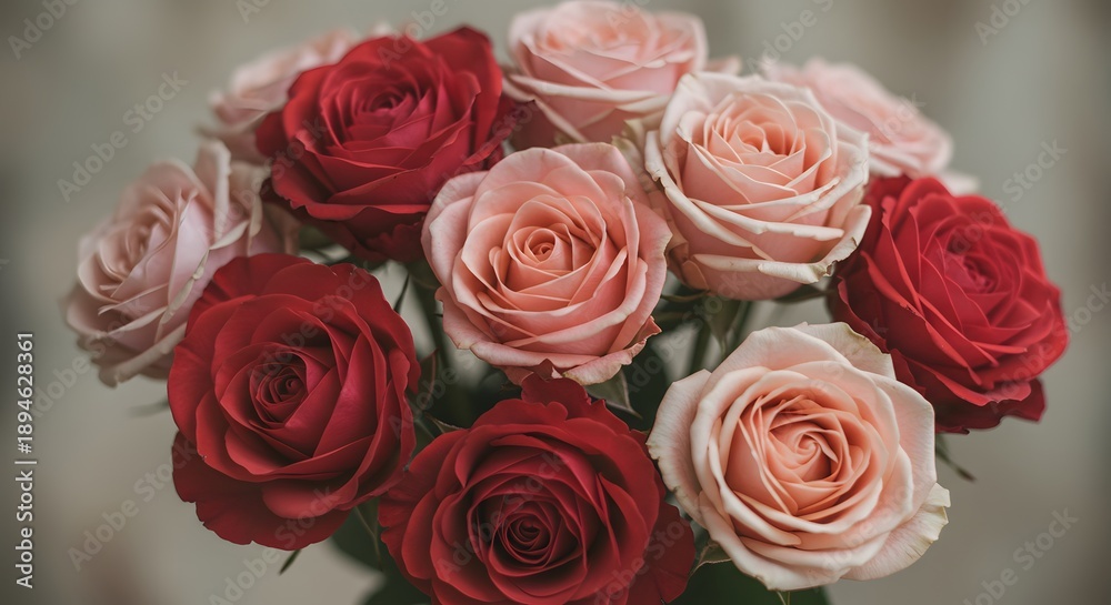 Obraz premium A close-up shot of a bouquet of roses in varying shades of pink and red