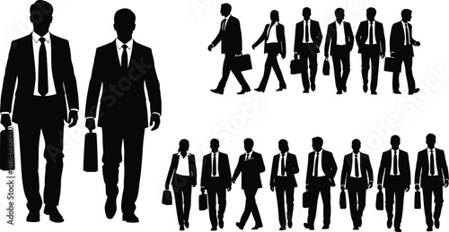 Businessman silhouettes set, corporate office men walking poses collection, professional leadership teamwork concept, black figures isolated white background illustration