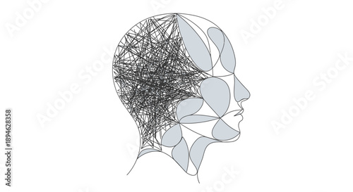 Human head with tangled lines and shapes symbolizing mental complexity and confusion