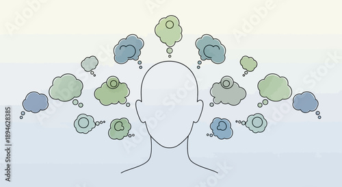 Person with multiple thought bubbles in various shades of green and blue floating around their head