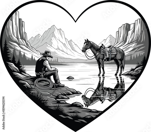 Heartshaped monochrome illustration of a contemplative cowboy and his horse resting by a mountain lake.