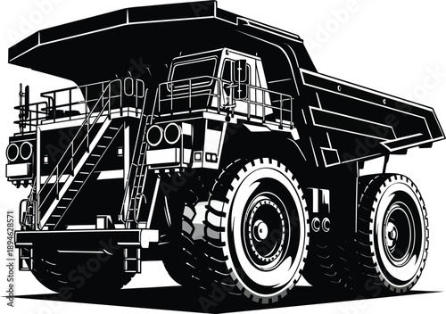 Highcontrast black and white vector illustration of a massive mining haul truck.