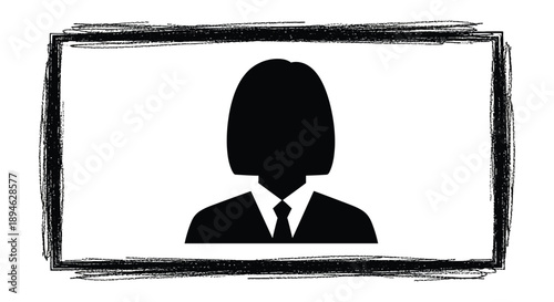 A black silhouette of a person wearing a suit and tie framed within a rough rectangle on transparent background high quality