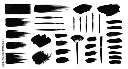Collection of diverse black brush strokes and textures ideal for design projects on transparent background silhouette high quality professional detailed modern
