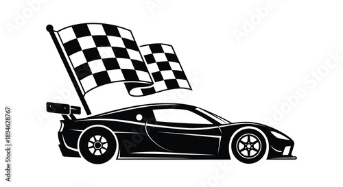 A dynamic black silhouette of a racing car with checkered flags waving ideal for design projects on transparent background high quality
