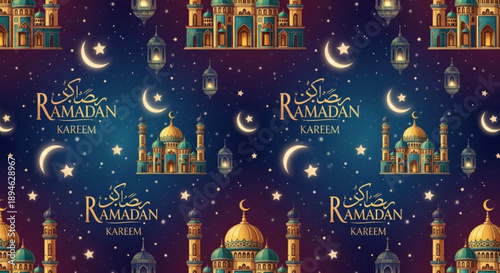 Ramadan Kareem seamless pattern with mosques crescent moons and lanterns Islamic celebration background for greeting cards and invitations