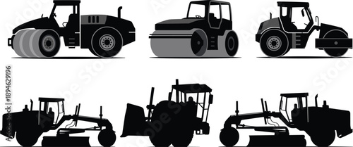 Road roller compactor construction vehicle illustration set for asphalt paving, soil compaction, and highway infrastructure projects
