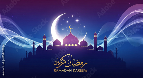 Ramadan Kareem greeting with crescent moon and mosque silhouette Islamic celebration background with glowing lights and Arabic calligraphy