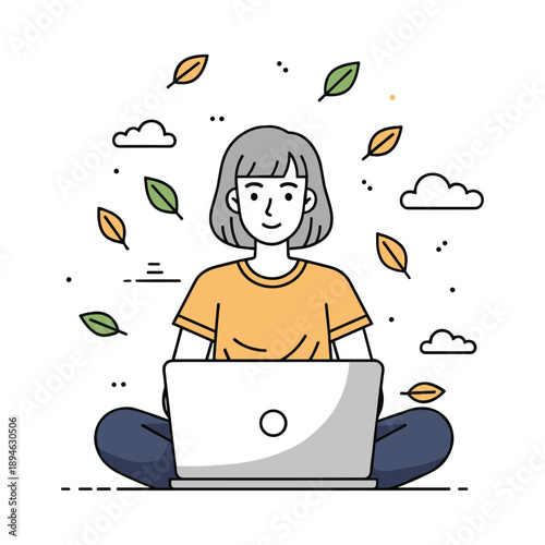 Woman Working on Laptop with Fall Leaves
