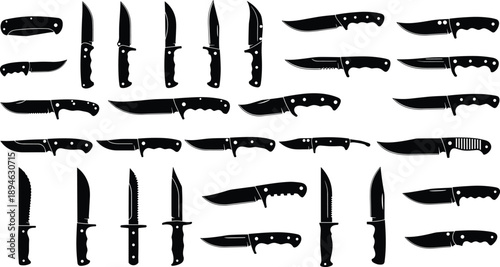 Knife silhouettes set, black weapon collection, tactical blades shapes, kitchen hunting combat knives icons isolated white background vector illustration design