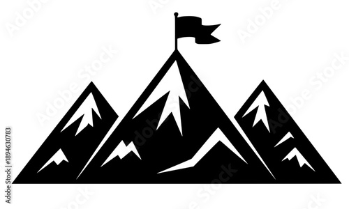 Mountain peak success icon featuring a summit with a flag representing personal achievement career goals business leadership reaching the top and overcoming challenges.