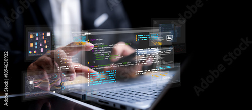 Programmer working with artificial intelligence and data analytics. Futuristic code interface, machine learning dashboard, software development and digital technology concept.