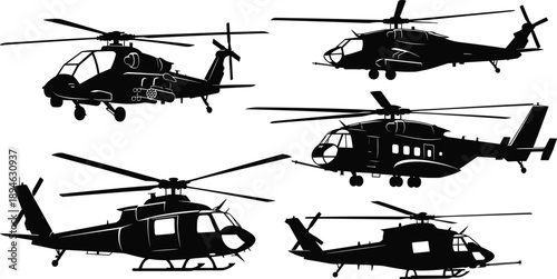 Military helicopter silhouettes collection, combat aircraft set, aviation transport chopper shapes, black flying vehicles isolated on white background