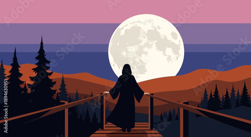 Silhouette of a person standing on a wooden bridge under a full moon.