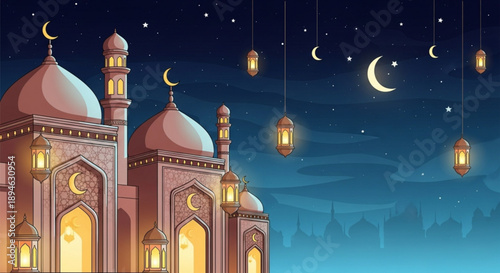 Ramadan mosque with crescent moon and hanging lanterns traditional Islamic architecture illuminated at night festive cultural background for celebrations