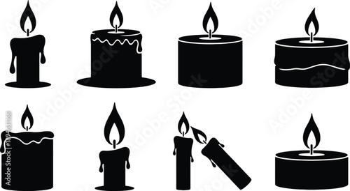 Collection of diverse burning candle silhouettes for decorative and symbolic designs