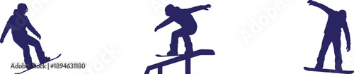 Snowboarder silhouette illustration featuring freestyle snowboarding tricks jumps and balance poses winter extreme sports athlete solid blue vector design collection for action motion branding