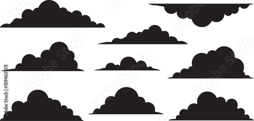Collection of black cloud silhouettes on white background